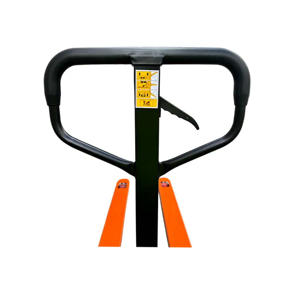 Pallet truck handle with black and orange design on a white background
