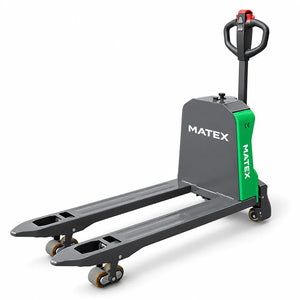 A MATEX electric pallet truck with a gray and green body, black handle, and dual wheels, shown on a clean white background.