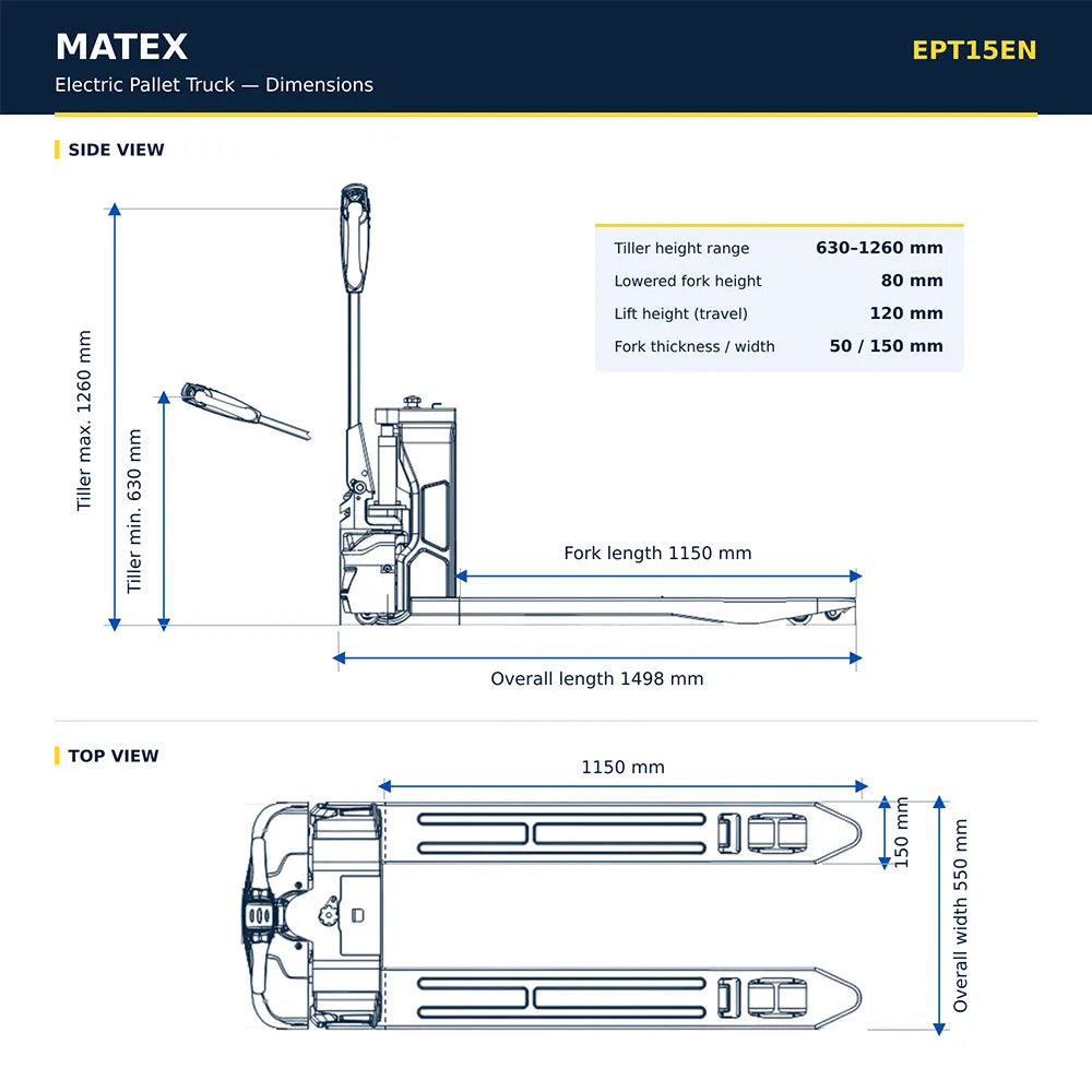 Technical dimension diagram of a MATEX electric pallet truck, showing side and top views with measurements for tilt, fork length, overall length, lift height, and fork width on a white background.