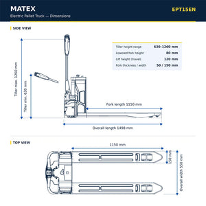 Technical dimension diagram of a MATEX electric pallet truck, showing side and top views with measurements for tilt, fork length, overall length, lift height, and fork width on a white background.