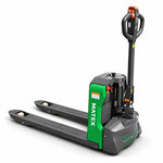 A MATEX electric pallet truck with a black and gray body and a bright green side panel, shown from a three-quarter angle on a white background.