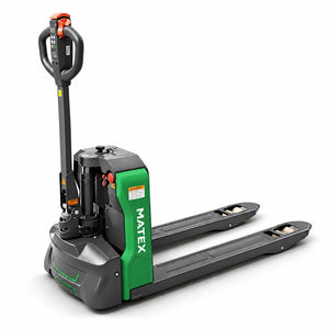 A MATEX electric pallet truck with a black and gray body and a bright green side panel, shown from a three-quarter angle on a white background.