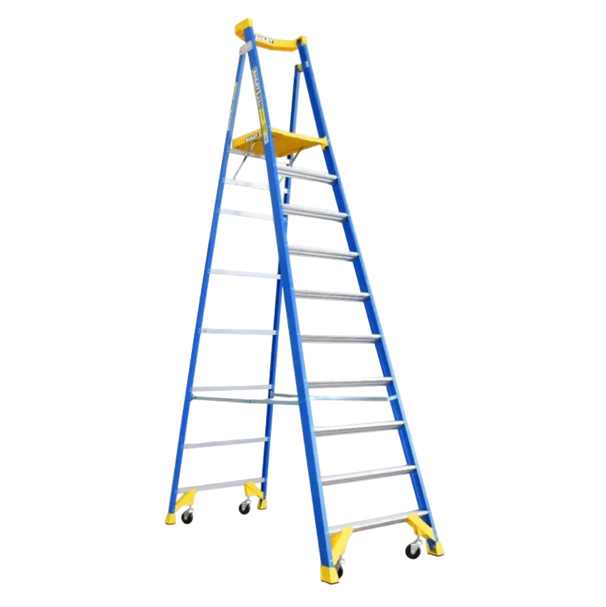Blue ladder with yellow feet and wheels on a white background
