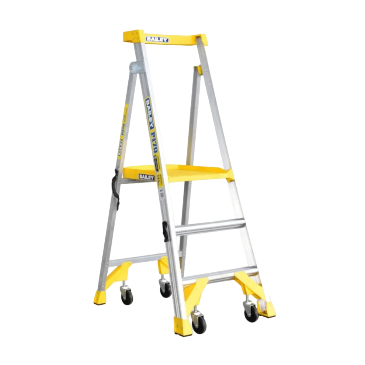 Yellow and gray step ladder on a white background