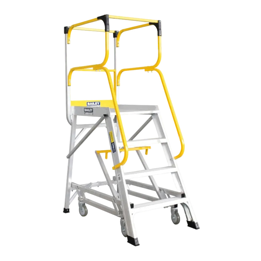 Safety ladder with yellow railings on a white background