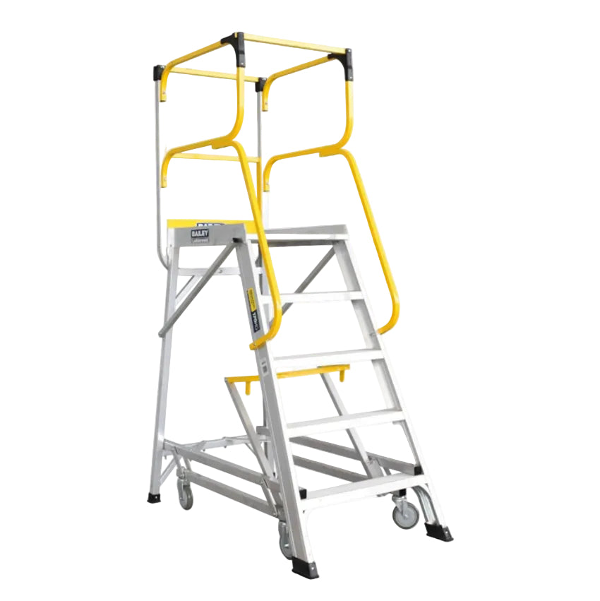 Five-step ladder with yellow safety cage on a white background
