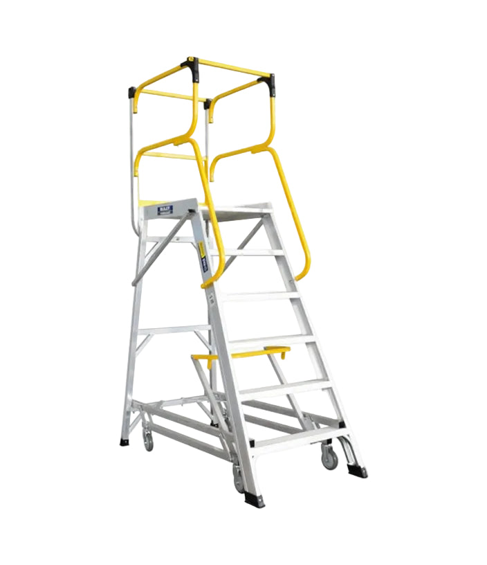 Step ladder with safety cage on a white background