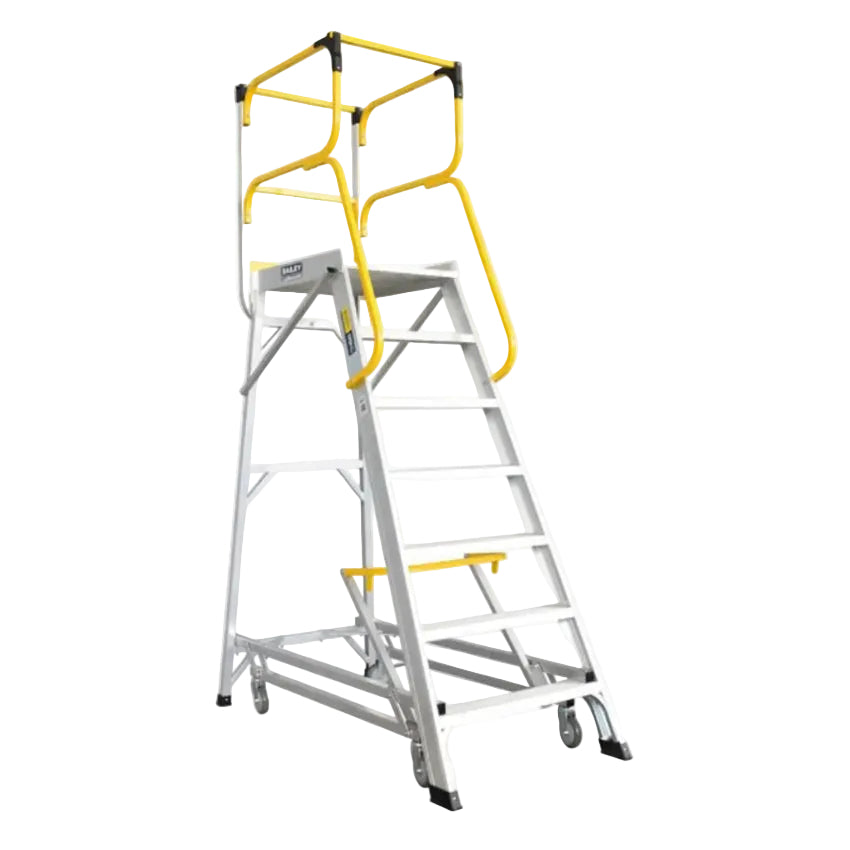 Step ladders with yellow safety railings on a white background