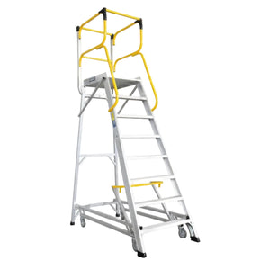 Metal ladder with yellow safety railings on a white background