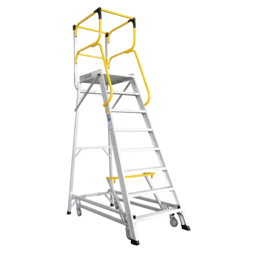 Metal ladder with yellow safety railings on a white background