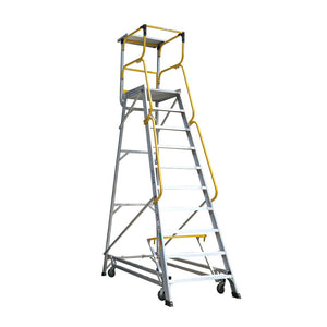 Two-level metal ladder with yellow safety rail on a white background