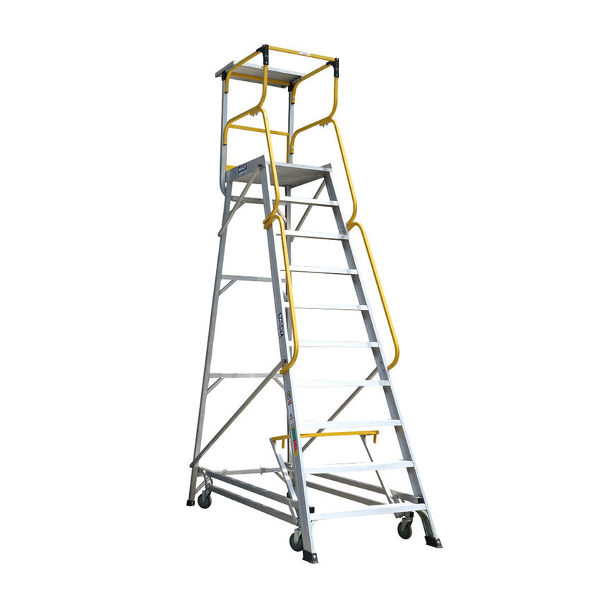Two-level metal ladder with yellow safety rail on a white background