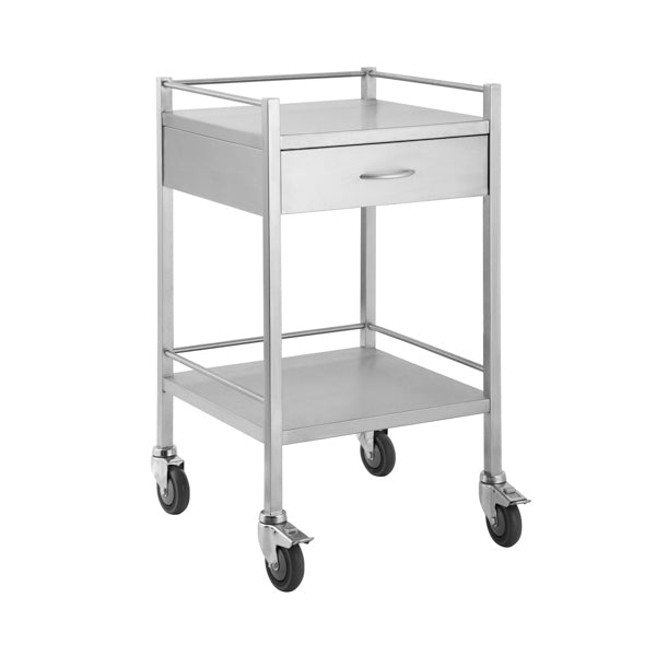 Stainless Steel Medical Trolley - Square with Rails with 1 Drawer