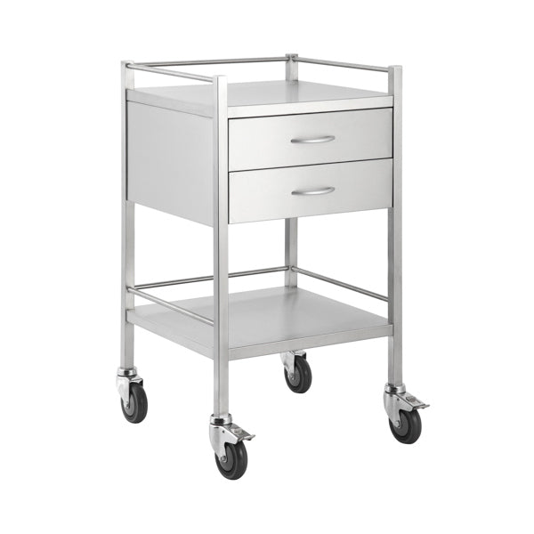 Stainless Steel Medical Trolley Utility Cart - Square with Rails with 2 Drawers