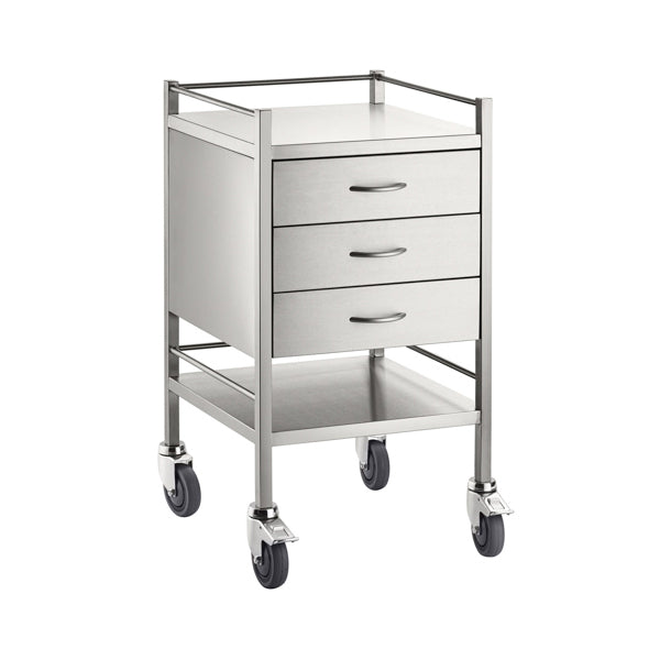 Stainless Steel Medical Trolley Utility Cart - Square with Rails with 3 Drawers