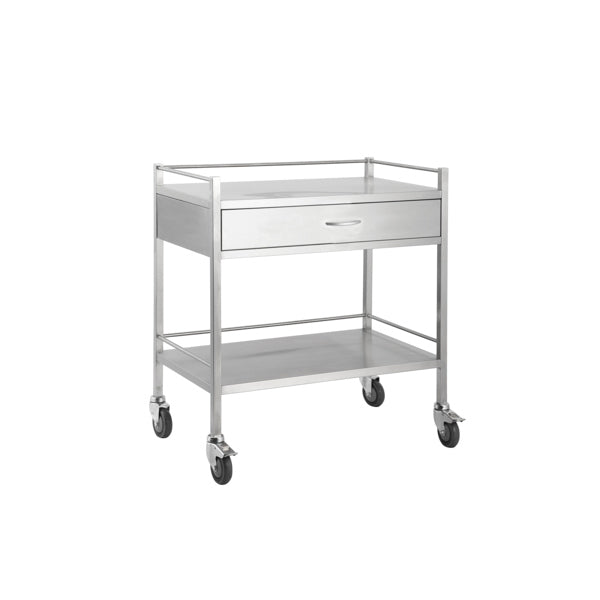 Stainless Steel Medical Trolley Utility Cart - Rectangle with Rails with 1 drawer (full width)