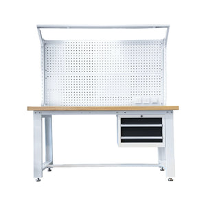 Workbench with a pegboard and wooden top on a white background