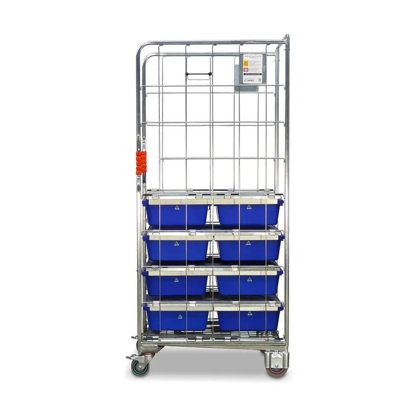 500kg Rated Kanban Kitting & Order Picking Roll Cage Trolley with 8 Tote Drawers.