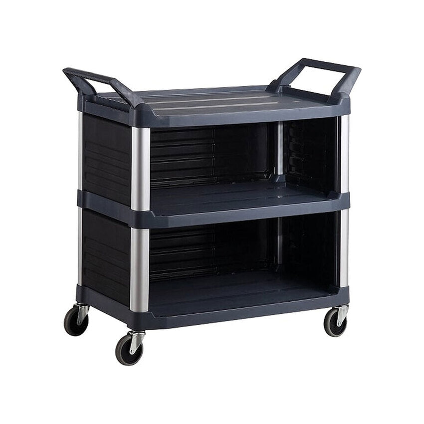 135kg Rated 3 Shelf Utility Cart with Enclosed End Panels - Black