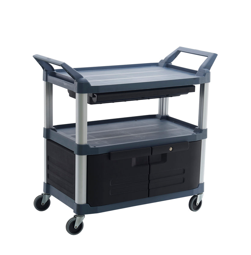 135kg Rated 3 Shelf Utility Cart with Lockable Doors, Sliding Drawe - Grey