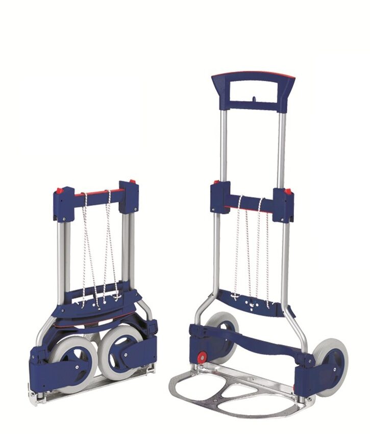 Blue and silver folding hand carts on a white background