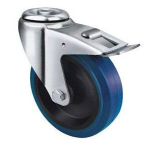 180kg Rated Blue Rubber Castor - 125mm - Bolt Hole With Brake