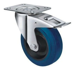 300kg Rated Blue Rubber Castor - 160mm - Swivel With Brake