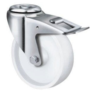 180kg Rated White Nylon Castor - 80mm - Bolt Hole With Brake