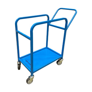 Blue metal cart with two shelves on a white background