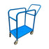 Blue metal cart with two shelves on a white background