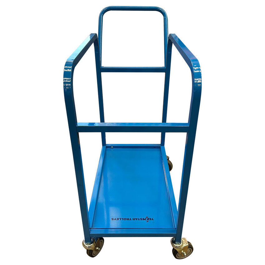 Blue metal cart with a platform on a white background