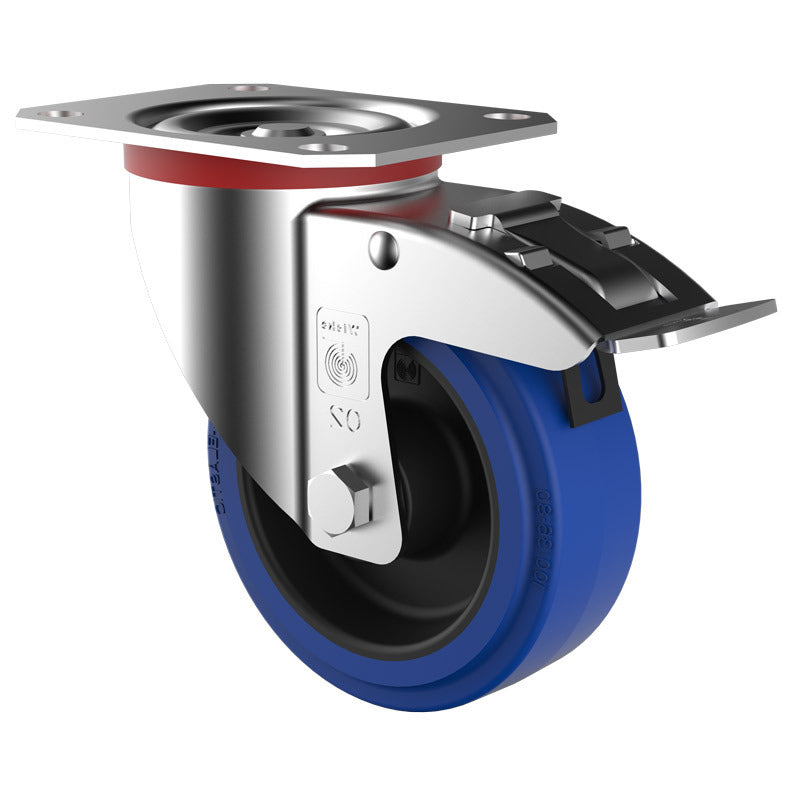 140kg Rated Blue Rubber Castor - 100mm - Swivel With Brake