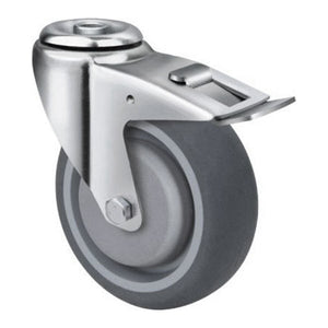 150kg Rated Grey Rubber Castor - 100mm - Bolt Hole With Brake